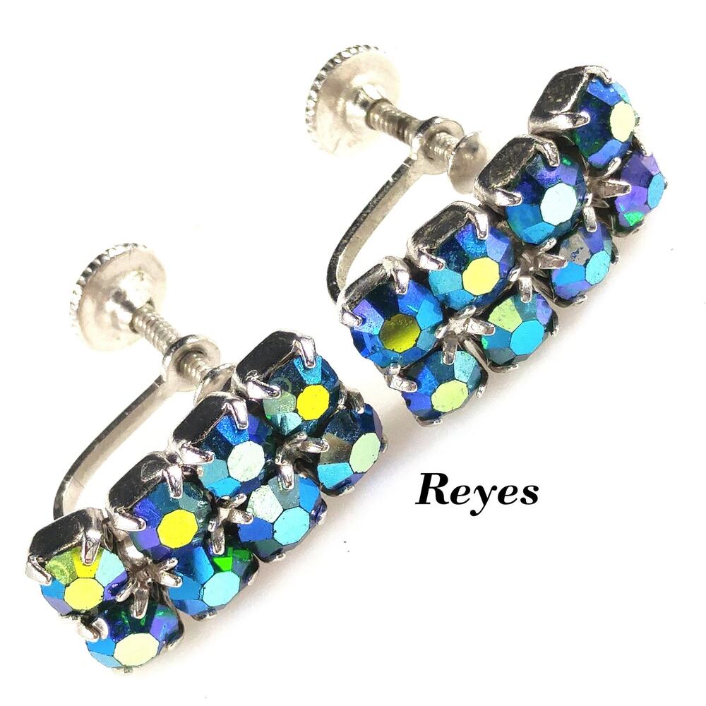 Vintage Blue Aurora Borealis Rhinestone Earrings, Rhodium Plated, Screw Backs